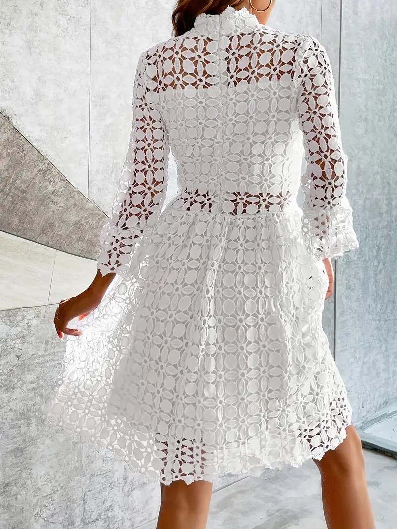 Women's Stand Collar Lace Hollow-Out Floral Pattern Dress