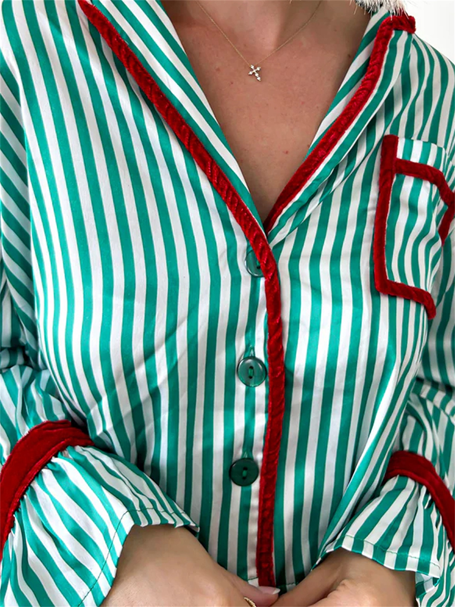 Women's Striped Button-up Crop Tops Bow Long Pants Pajama Set