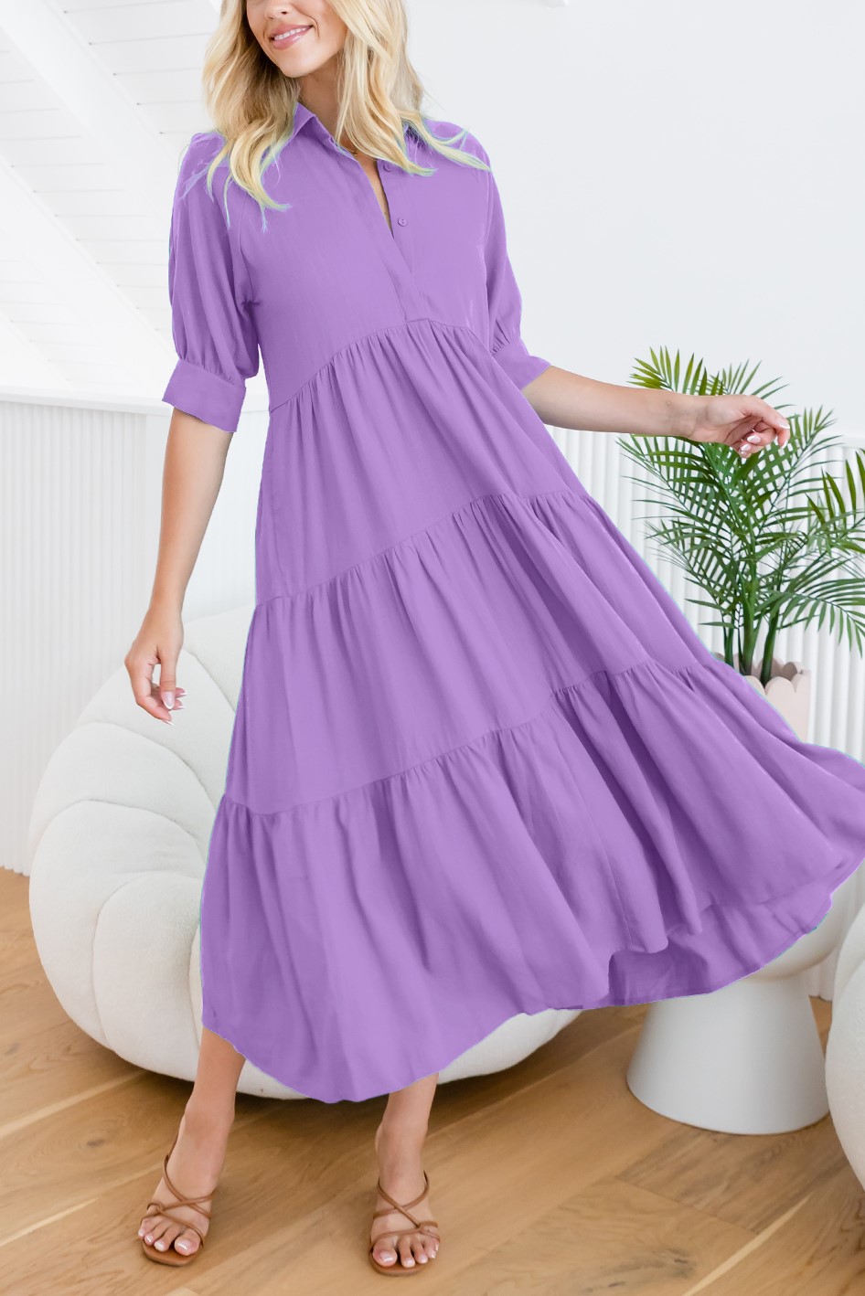 HOT SALE Mid-sleeved Shirt Tiered Maxi Dress