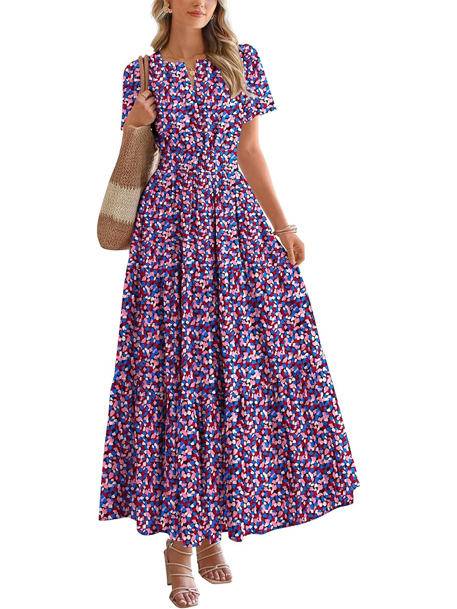 Women's Summer Floral Short Sleeve V Neck Elastic Waist Tiered Maxi Dress Pockets