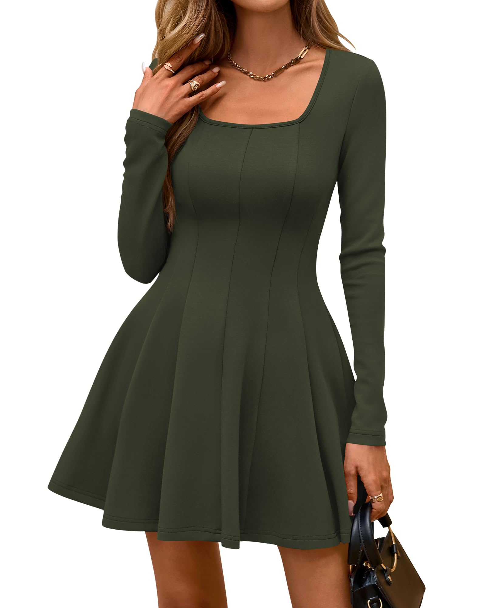 Women's Square Neck Long Sleeve Pleated Mini Dress