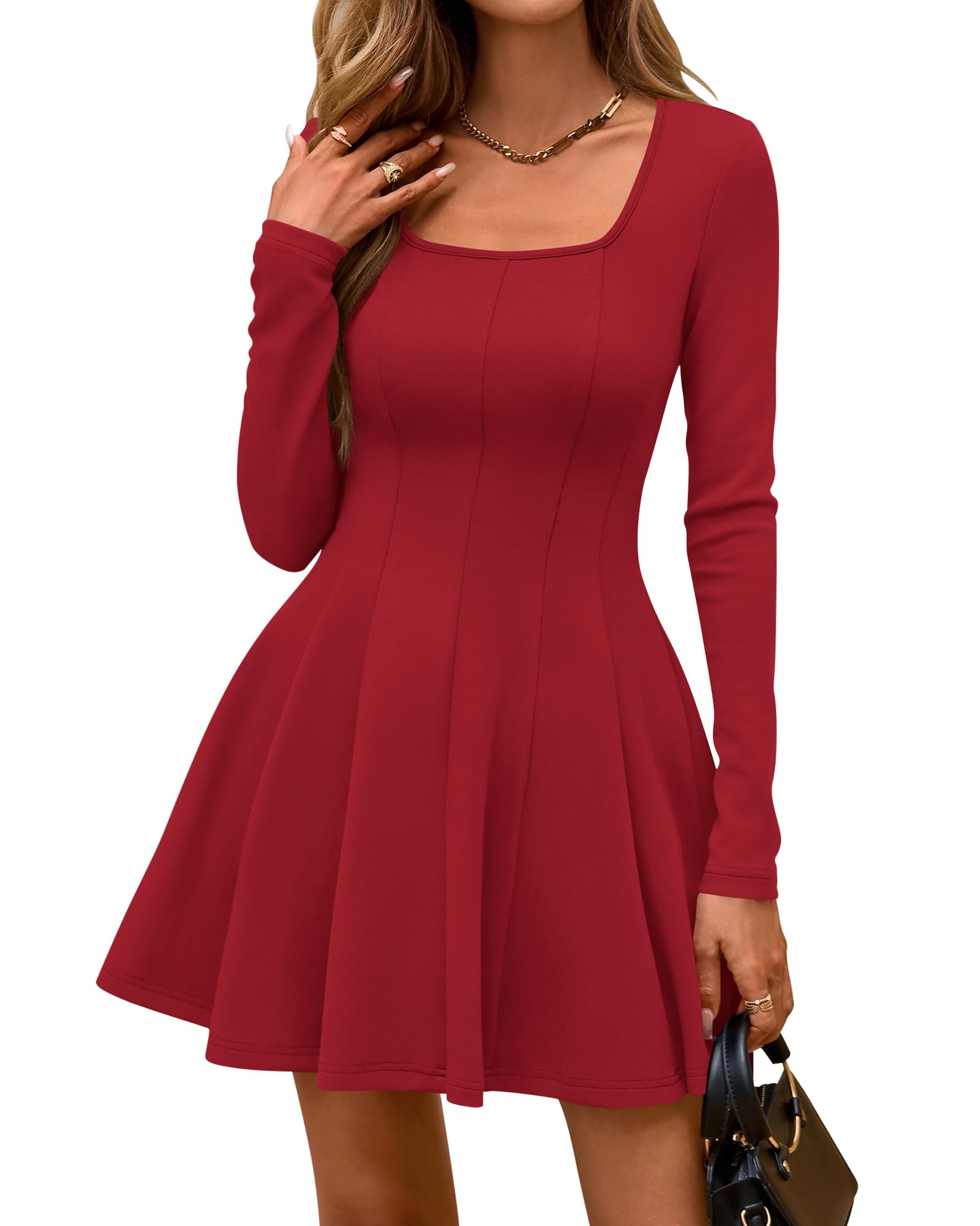 Women's Square Neck Long Sleeve Pleated Mini Dress