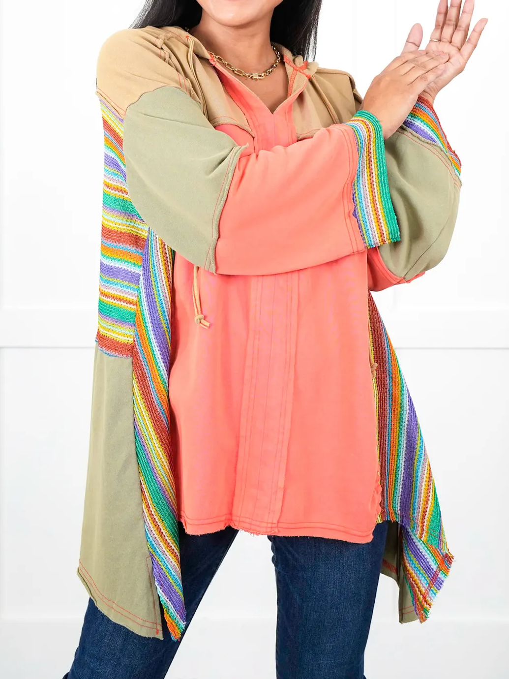 Colorblock long sleeve top with rainbow crochet details