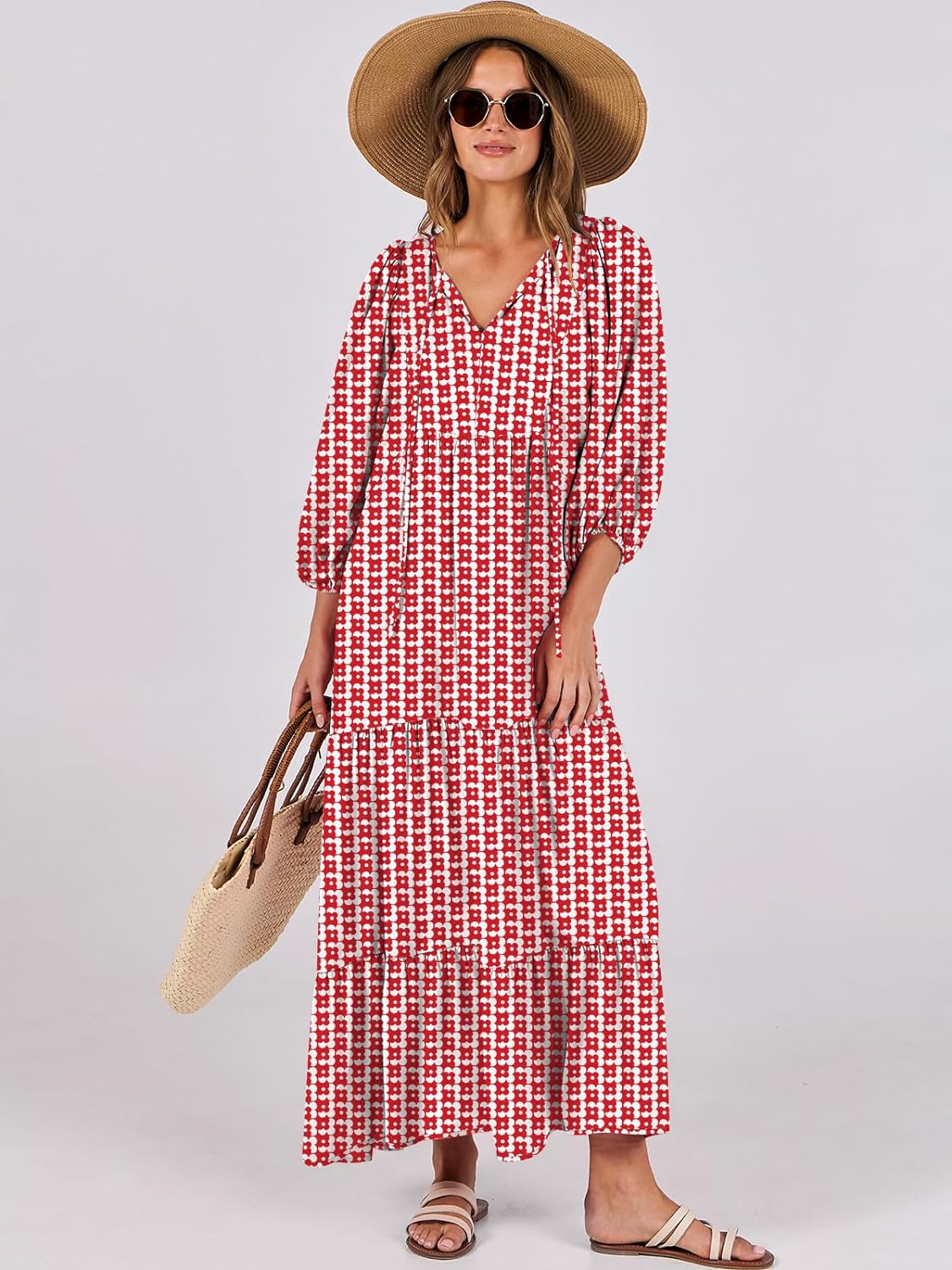 HOT SALE Summer V Neck Puff Sleeve Floral Flowy Casual Maxi Dress