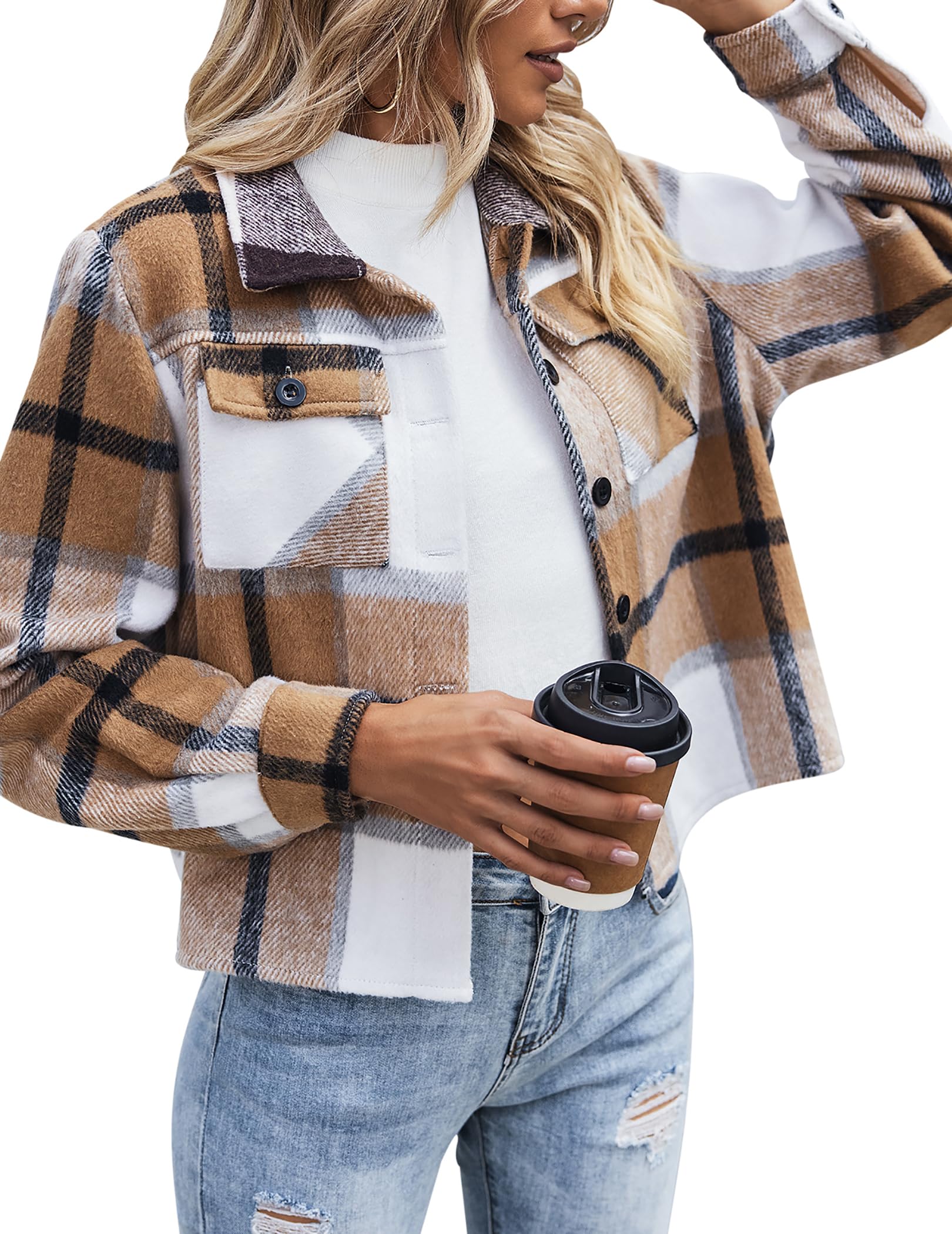 Women Flannel Plaid Button Down Cropped Jacket