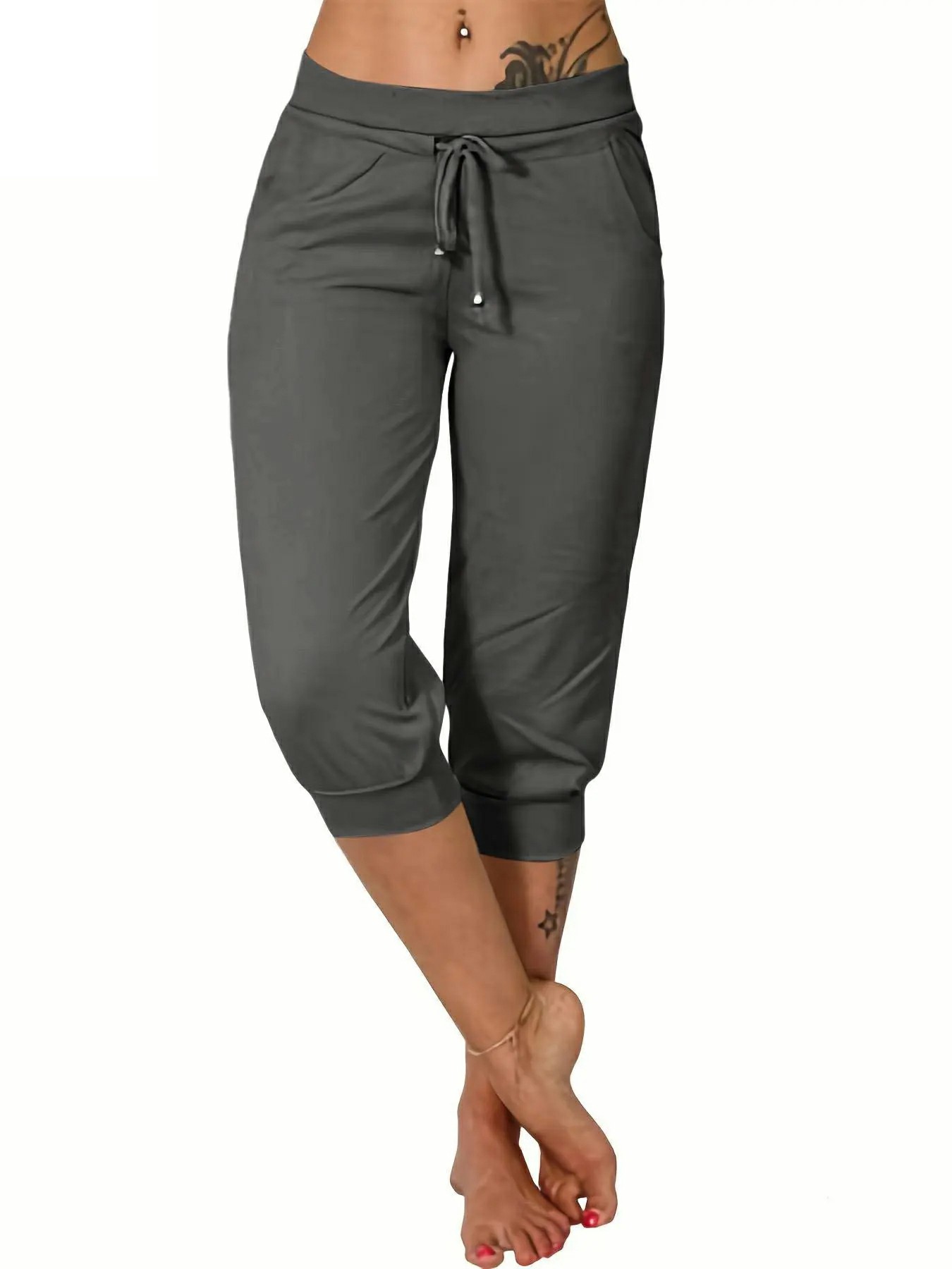 Women's Plain Drawstring Waist Capris Pants With Pockets