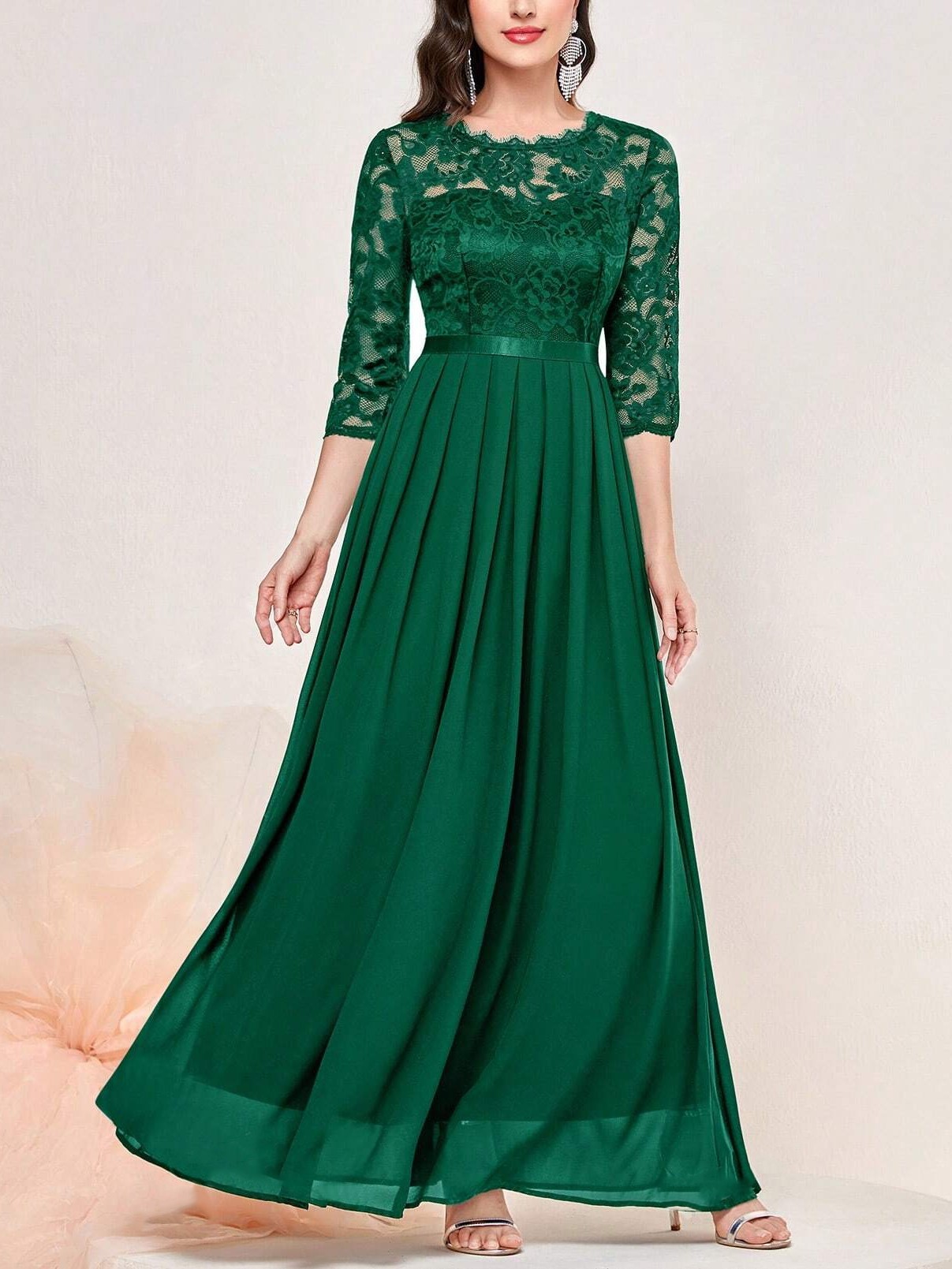 Floral Lace 3/4 Sleeve Bodice Ribbon Pleated Party Maxi Dress