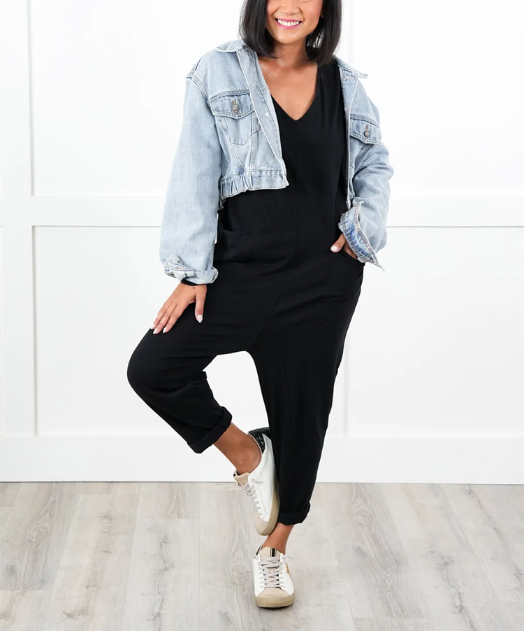 Solid Long Sleeve V Neck Jumpsuit With Patch Pockets (Multiple Colors)