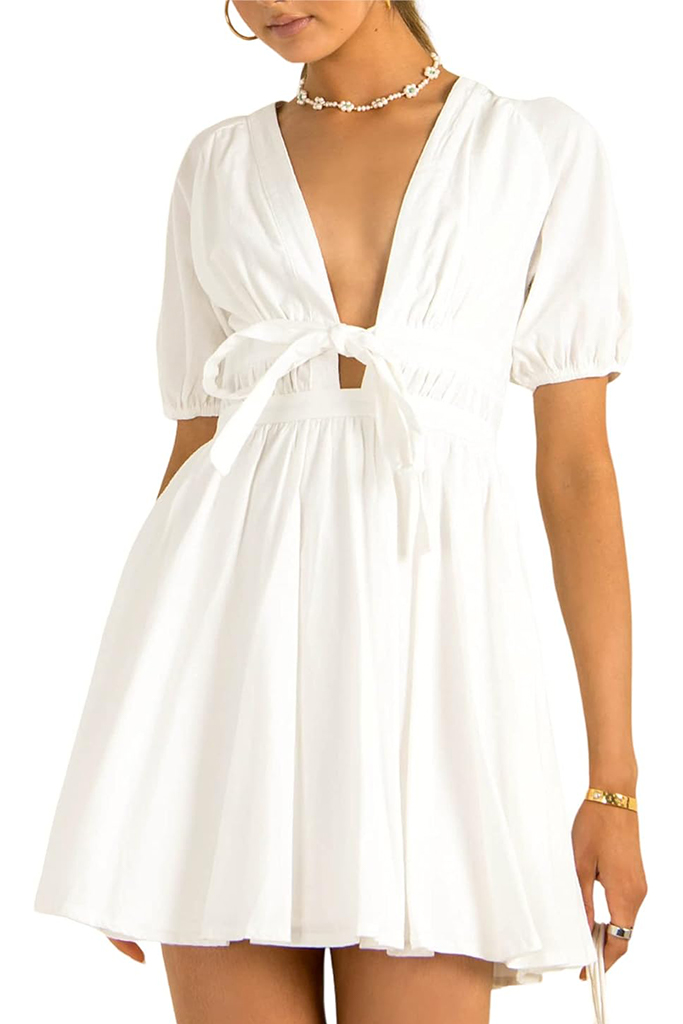 Women's Cute Summer Short Puff Sleeve Tie Mini Dress