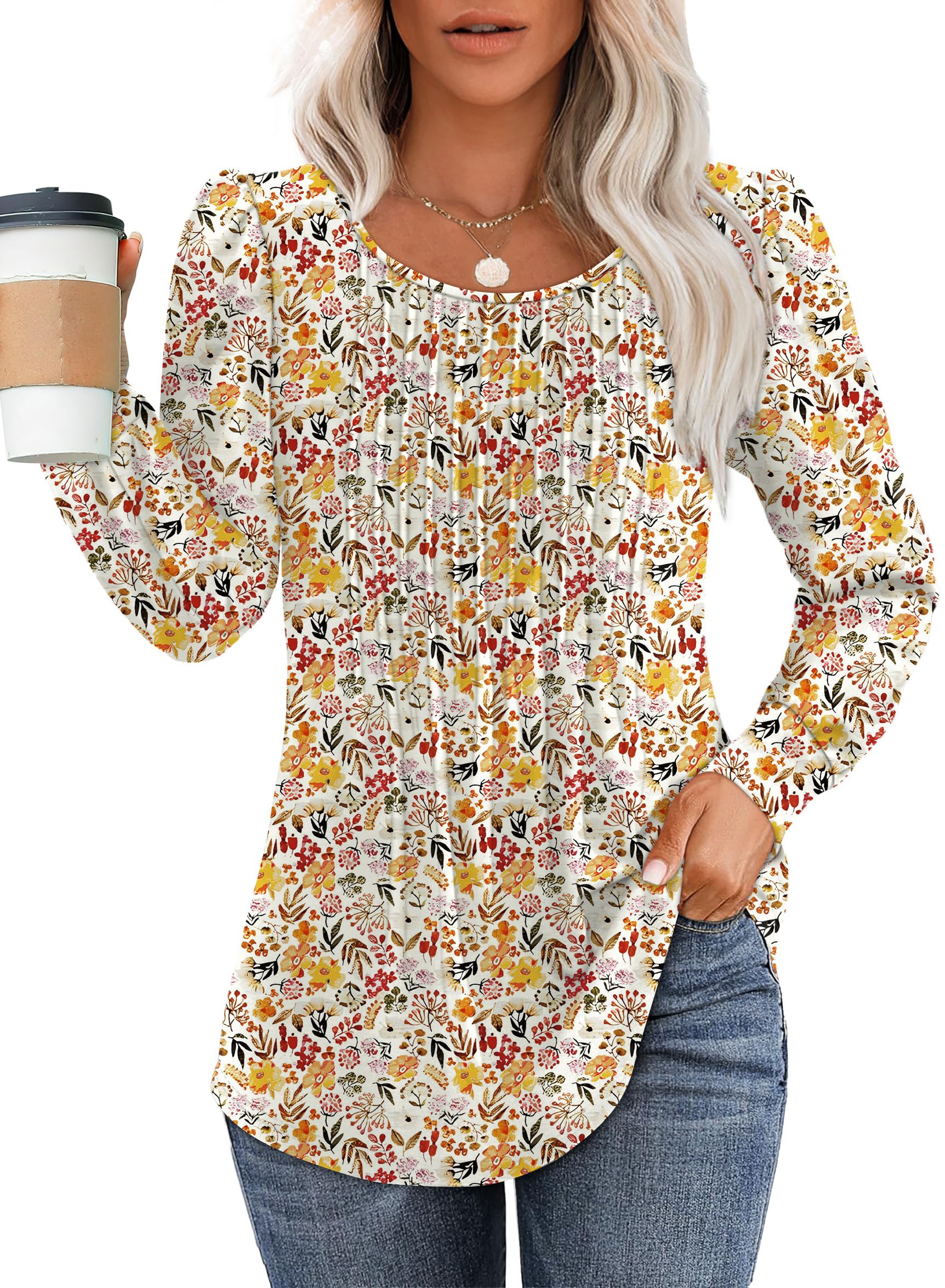 Women's Printed Long Sleeve Pleated Front Tunic Tops