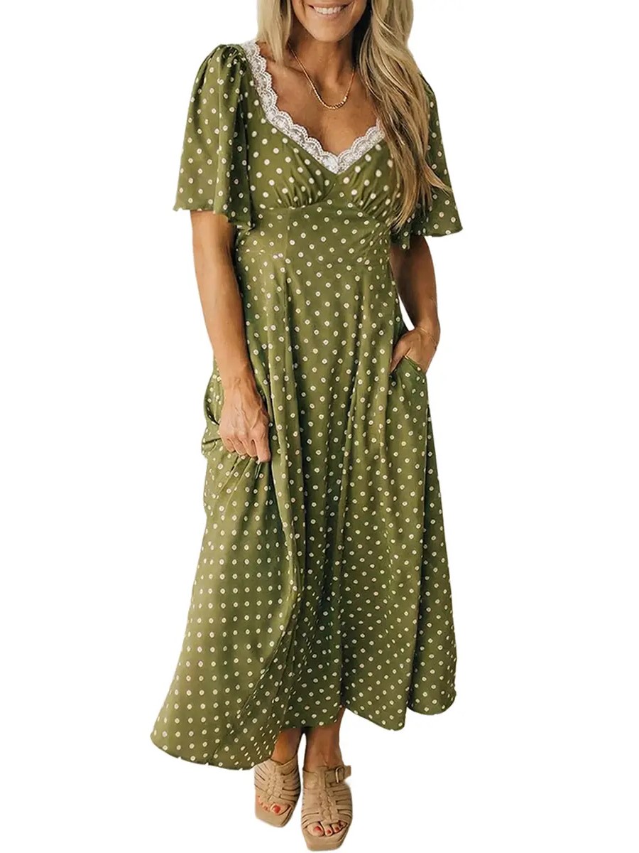 Women's Polka Dot Lacy Neckline Smocked High Waist Maxi Dress