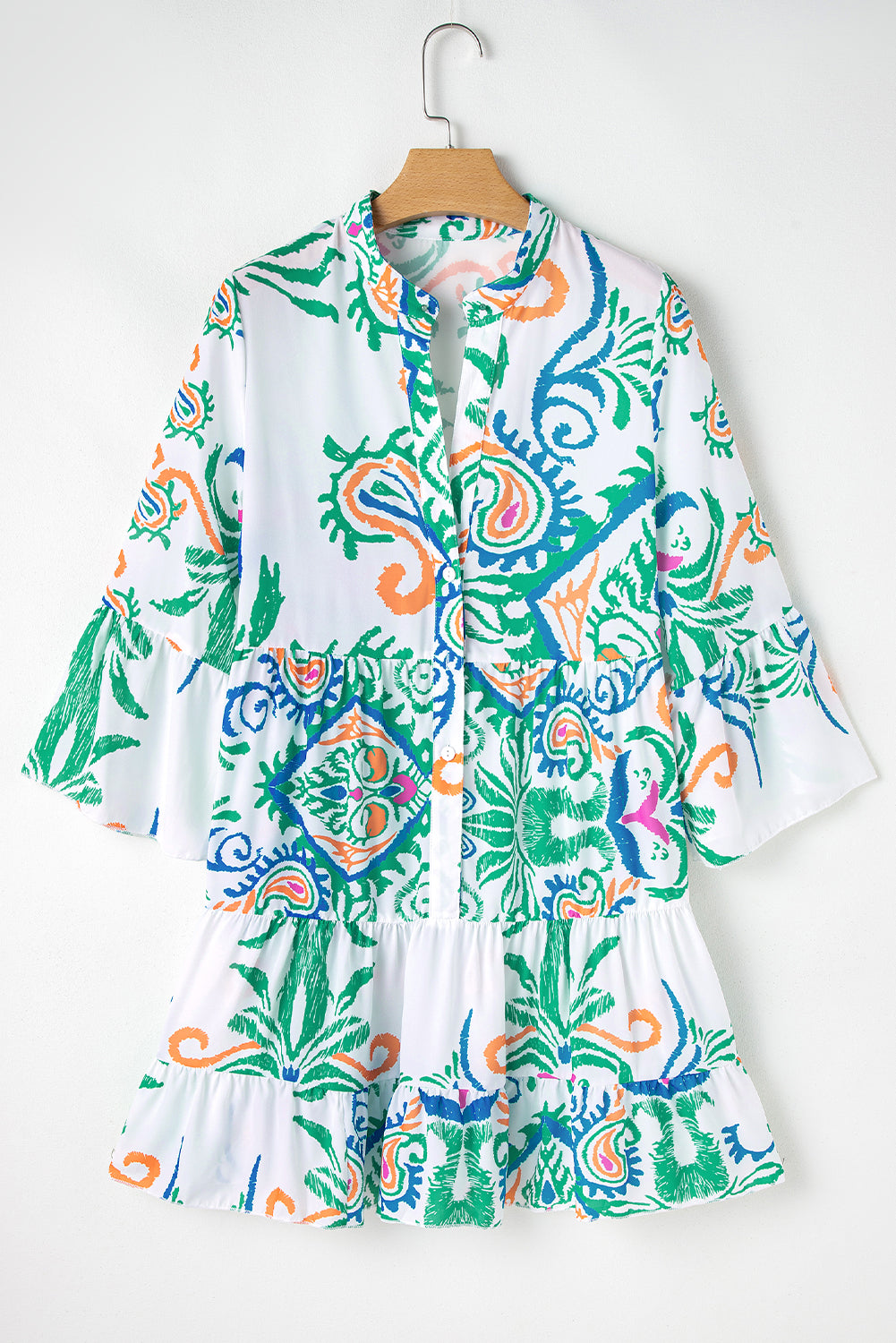 Women's Print Boho Button 3/4 Sleeve Tiered Babydoll Dress