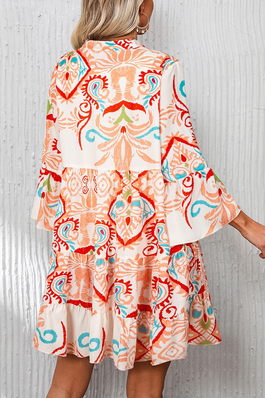 Women's Print Boho Button 3/4 Sleeve Tiered Babydoll Dress