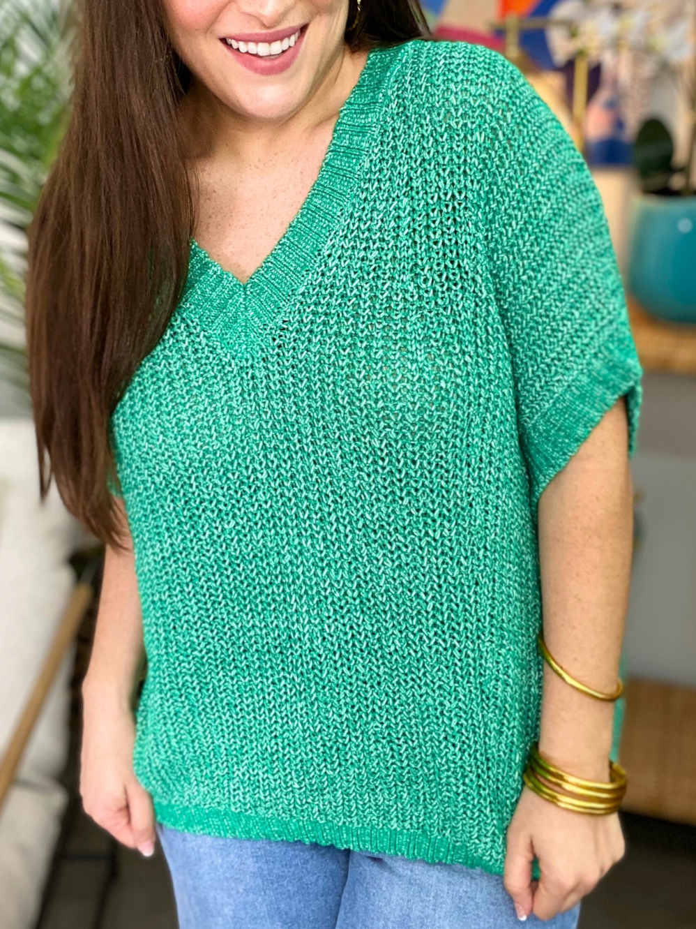 2024 Oversized Knitted V-neck Short Sleeve Top