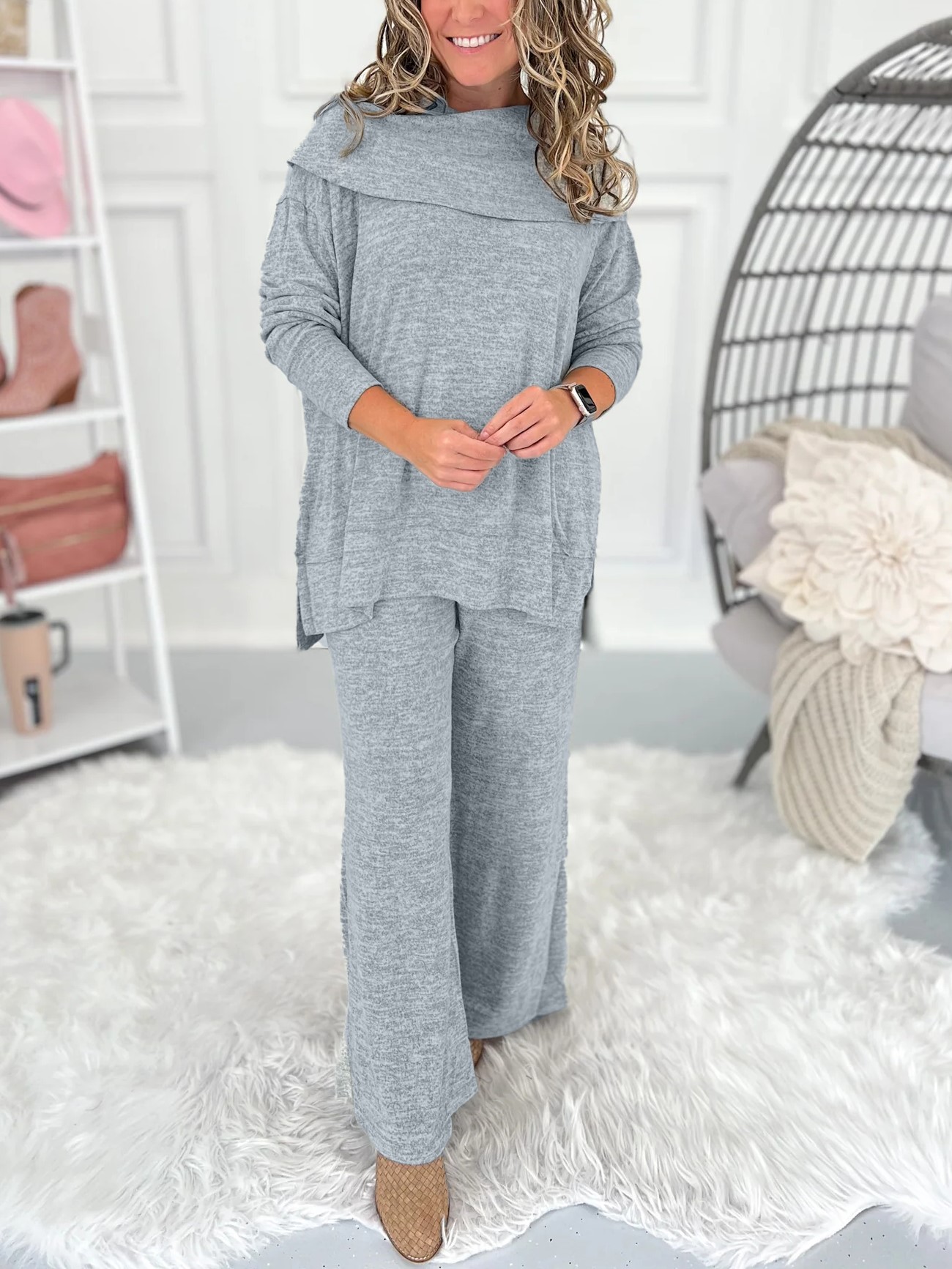 Women's Soft Knit Fold Boat Neck Top and Pants Lounge Set