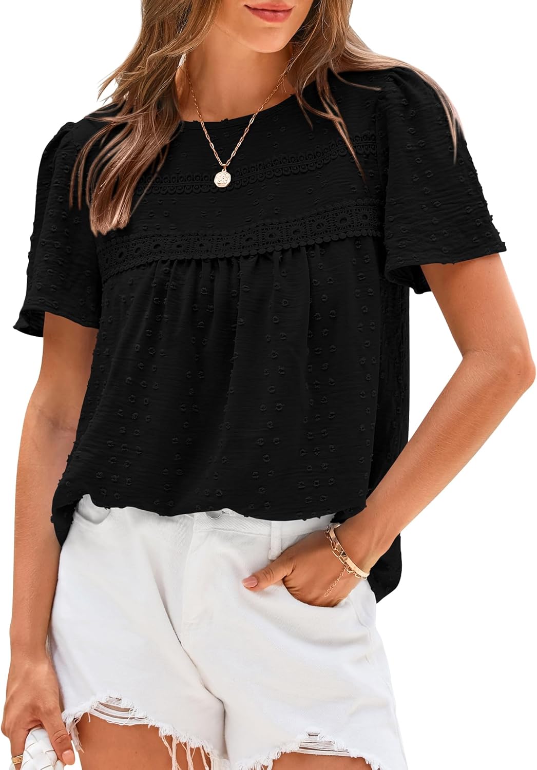 Swiss Dot Lace Crochet Crewneck Boho Short Sleeves(Buy 2 Free Shipping)