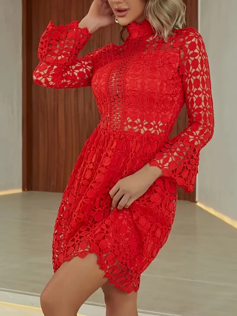 Women's Stand Collar Lace Hollow-Out Floral Pattern Dress