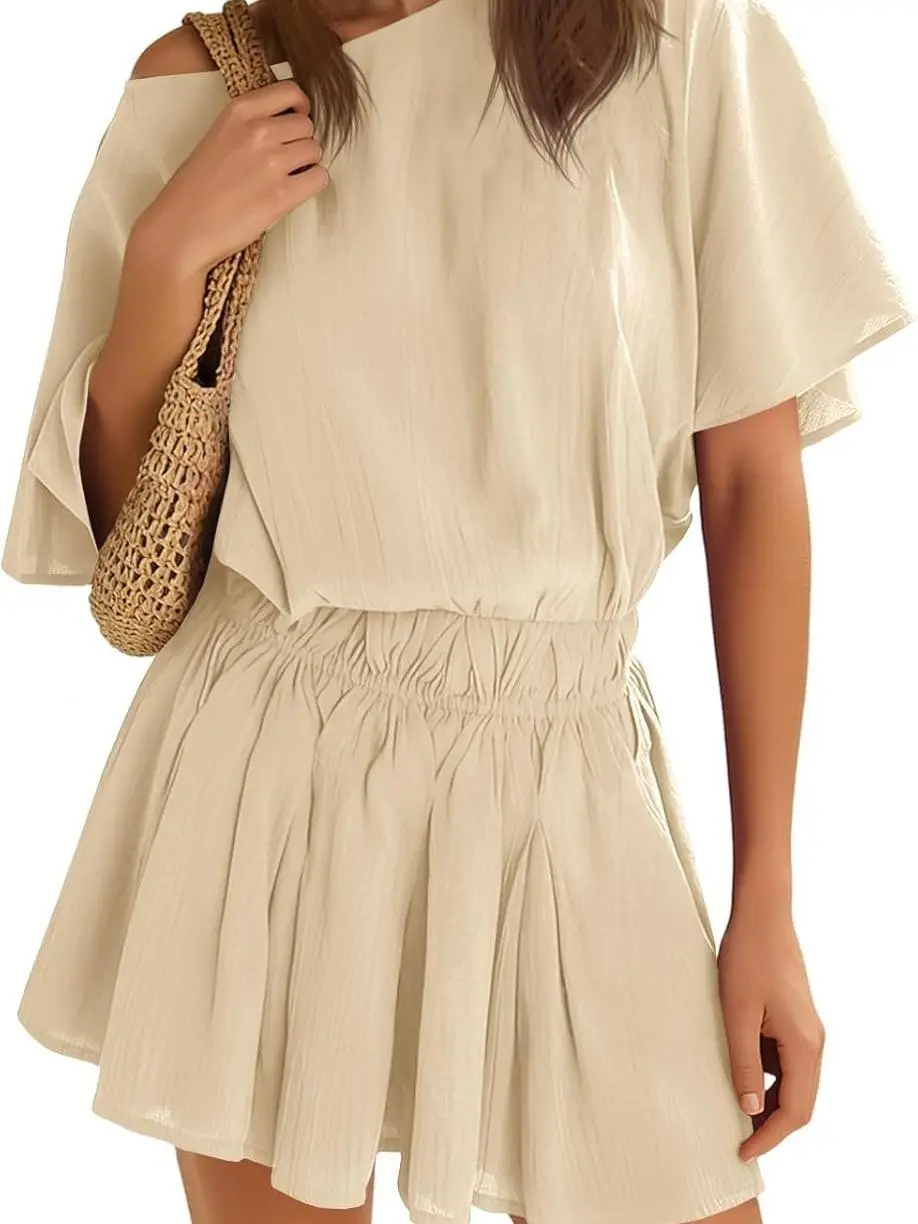 Women’s Casual Short Sleeve Elastic Waist Loose Flowy Mini Skirt Dress