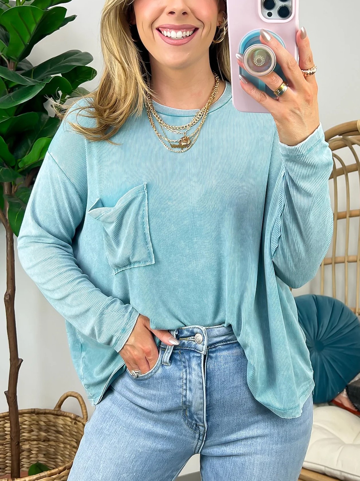 Washed Dolman Sleeve Pocket Top 