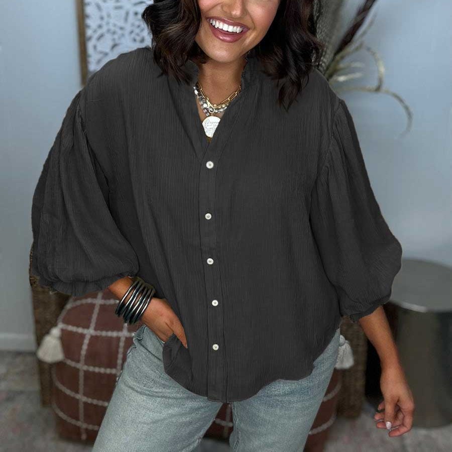 Puff Sleeve Woven Button Down Shirt