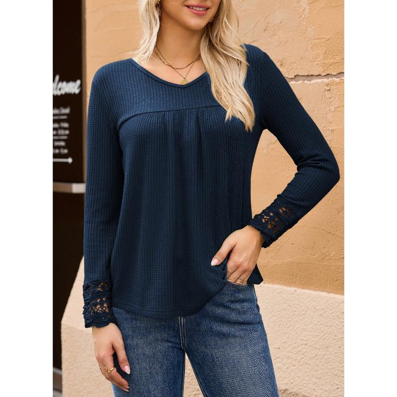 Women's Tops Casual V Neck Long Sleeve Waffle Knit Textured Lace Hollow Out Shirts Loose Tunic Tops Blouses