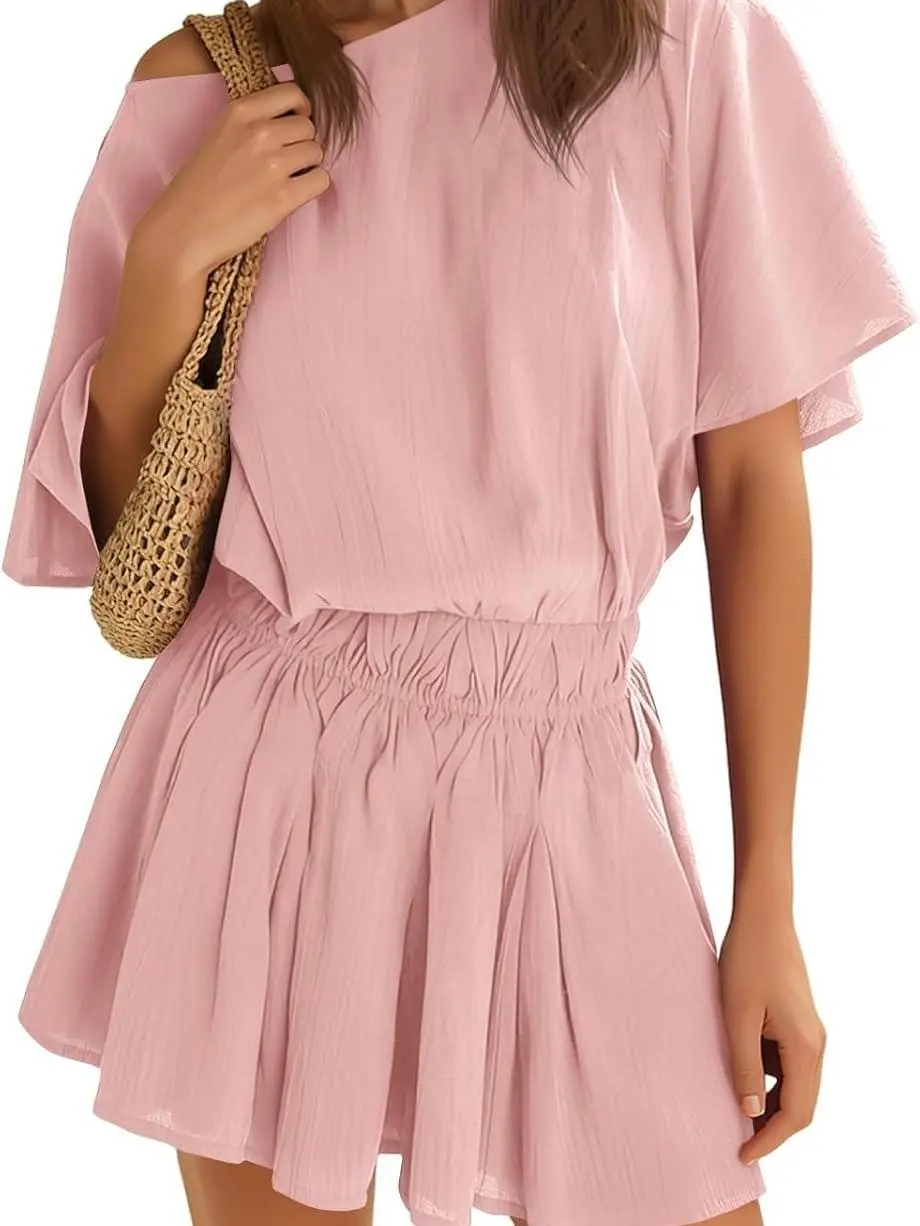 Women’s Casual Short Sleeve Elastic Waist Loose Flowy Mini Skirt Dress