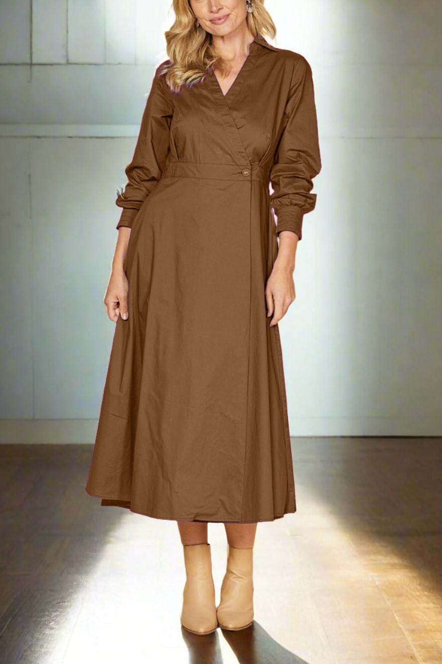 Cross V-neck Long Seeve Buckle Waist Midi Dress