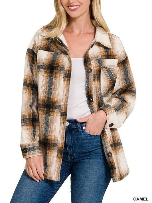  Oversized Yarn-Dyed Plaid Longline Shacket with Pockets