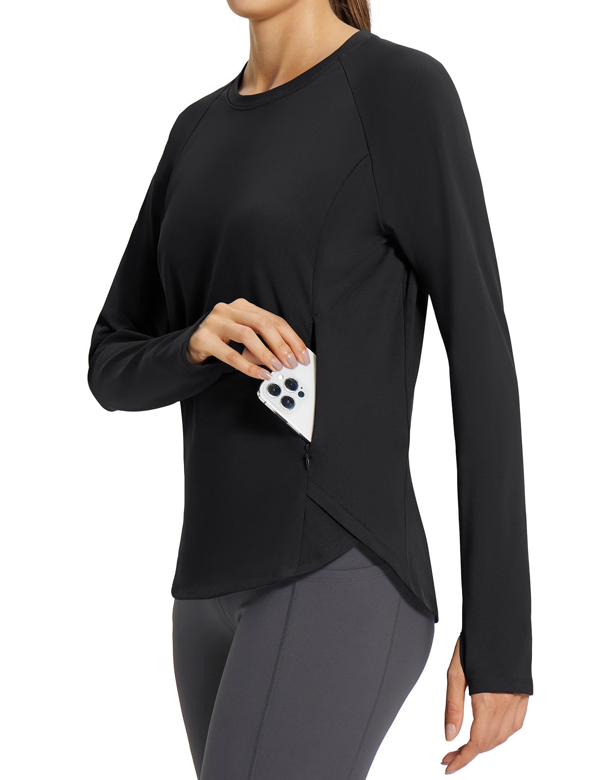 Women's Fleece Lined Long Sleeve Sports Tops with Thumbholes and Zipper Pocket