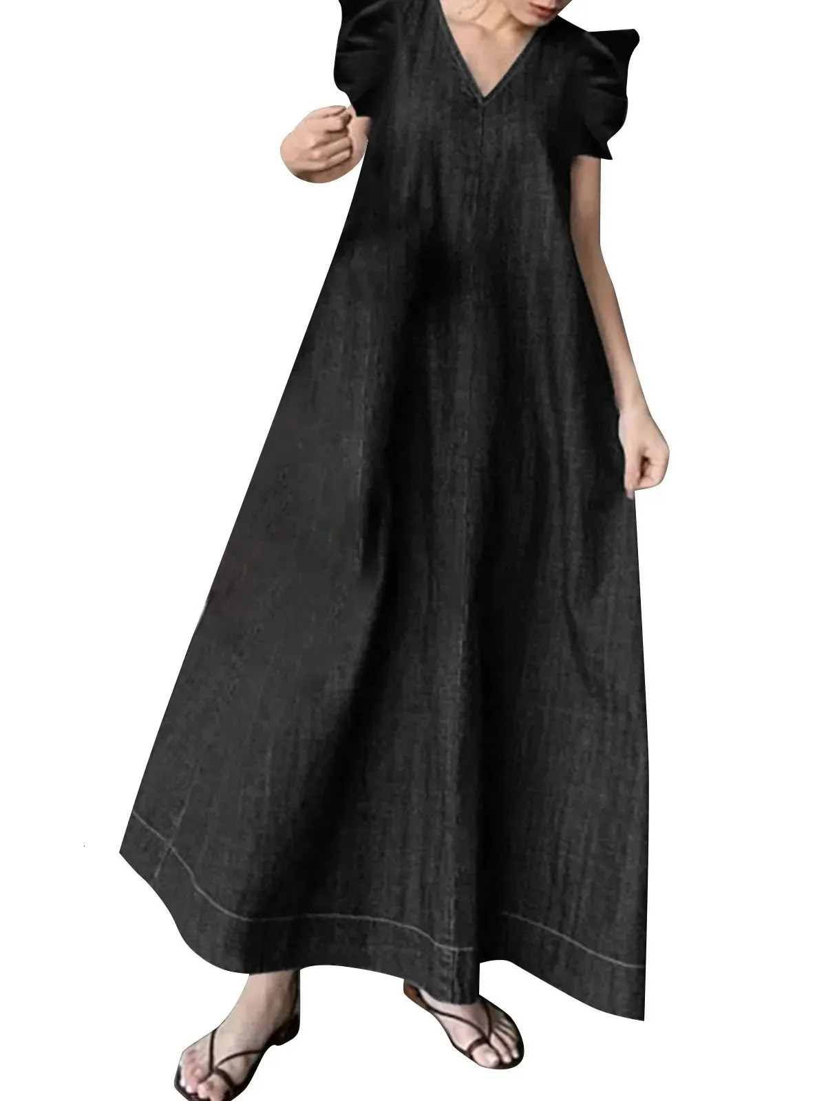 HOT SALE Women's Casual Loose Fit Ruffle Sleeveless V-Neck Denim Maxi Dress