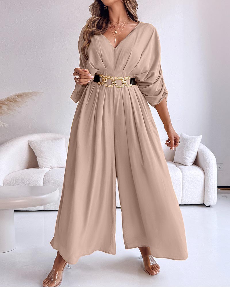 Women's Casual V-Neck Half Sleeve Ruched Jumpsuit