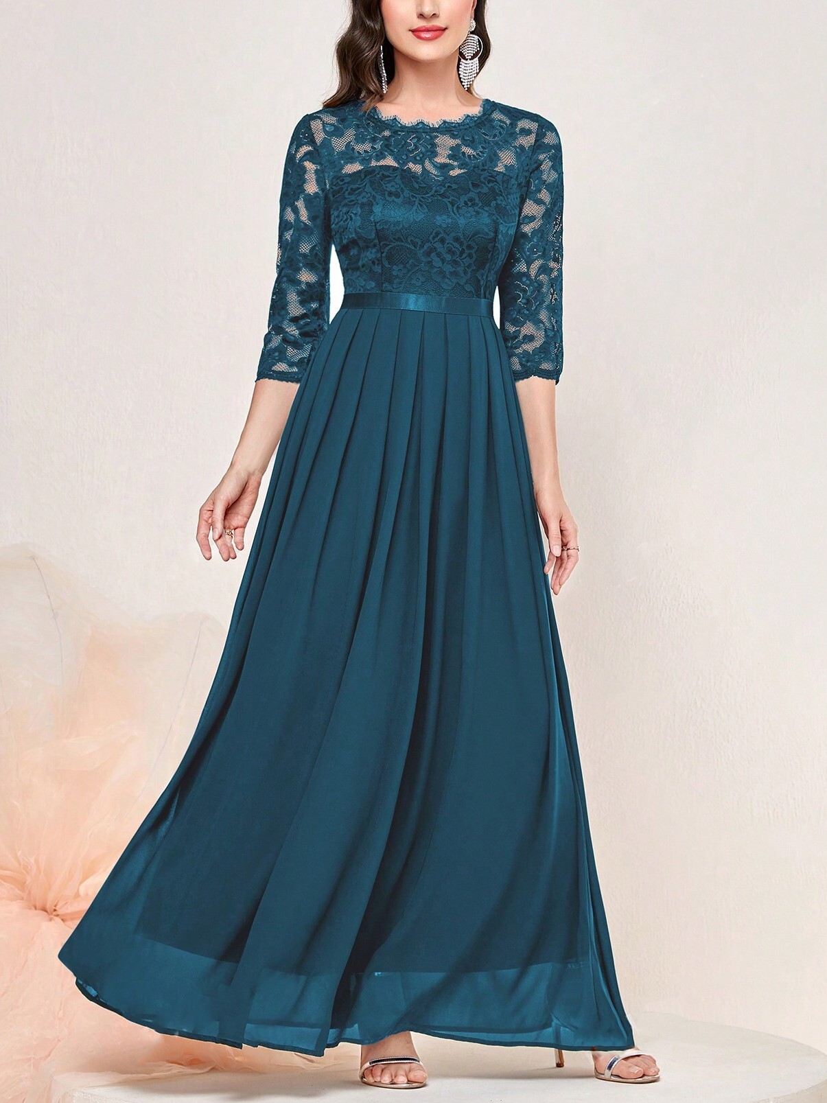 Floral Lace 3/4 Sleeve Bodice Ribbon Pleated Party Maxi Dress