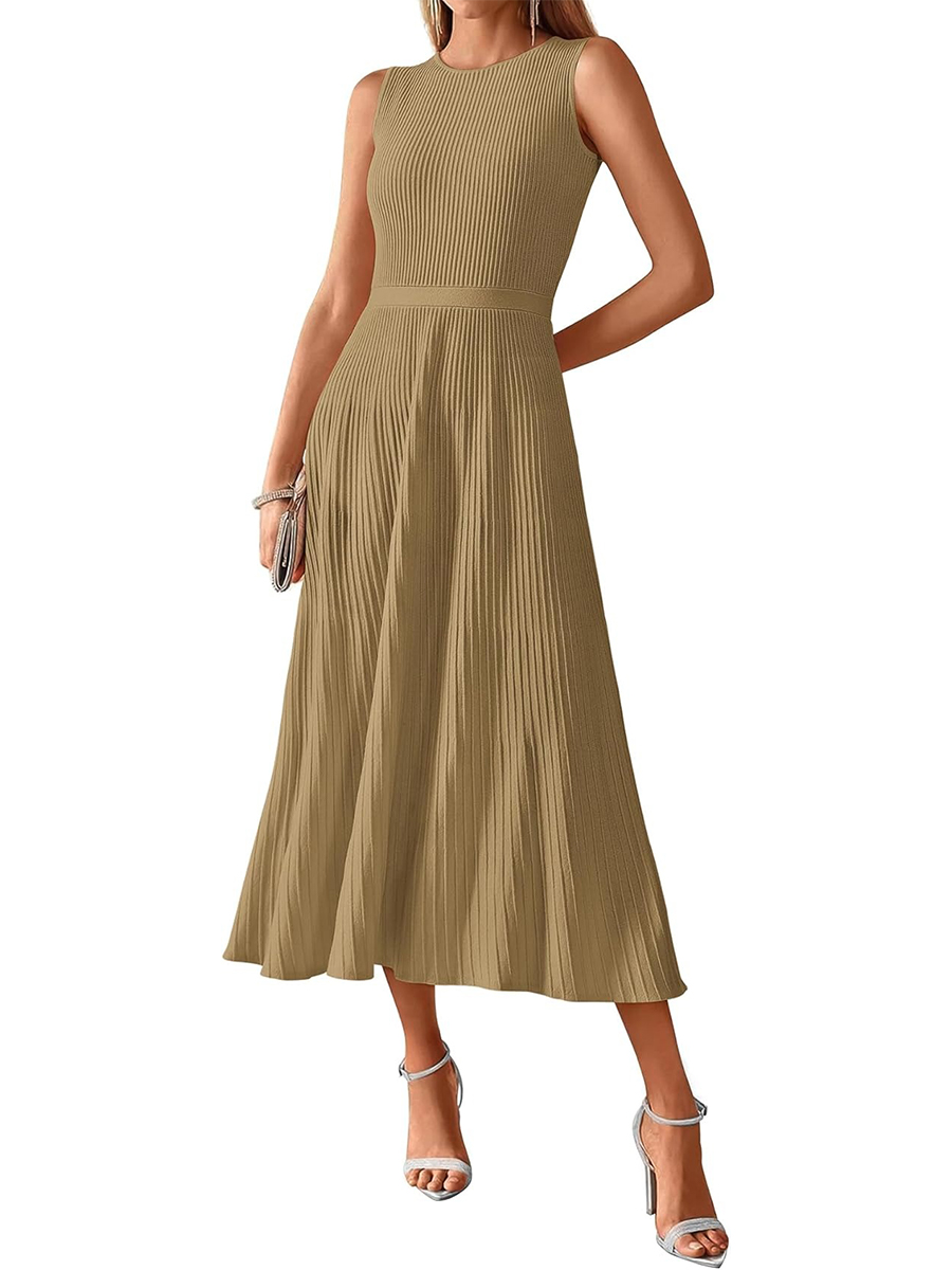 Women's Crewneck Ribbed Sleeveless Pleated Swing A Line Tank Dress