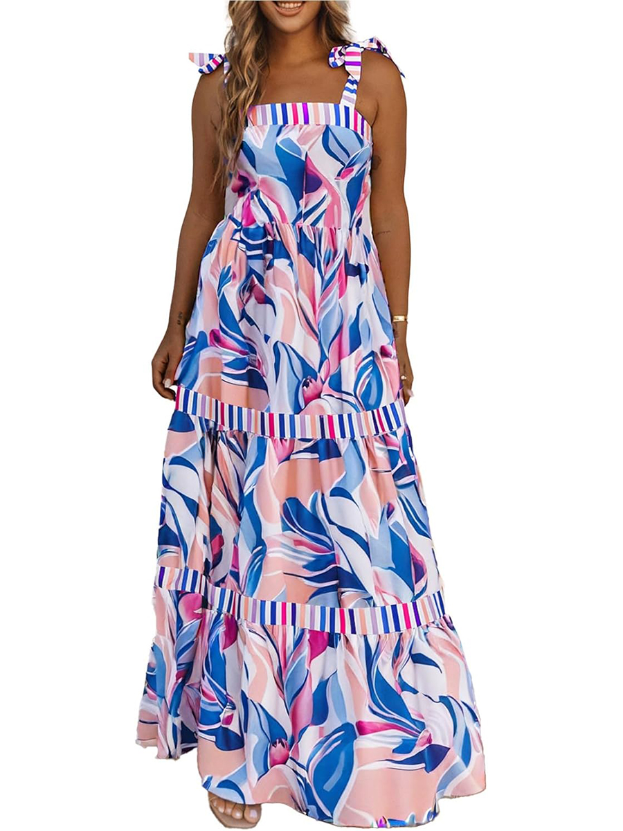 Women's Summer Sleeveless Strap Tie Floral Print Maxi Dress