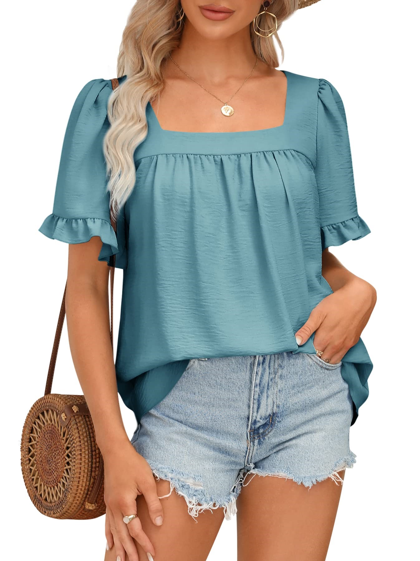 Women's Sqaure Neck Ruffle Sleeve Blouses Peplum Tops