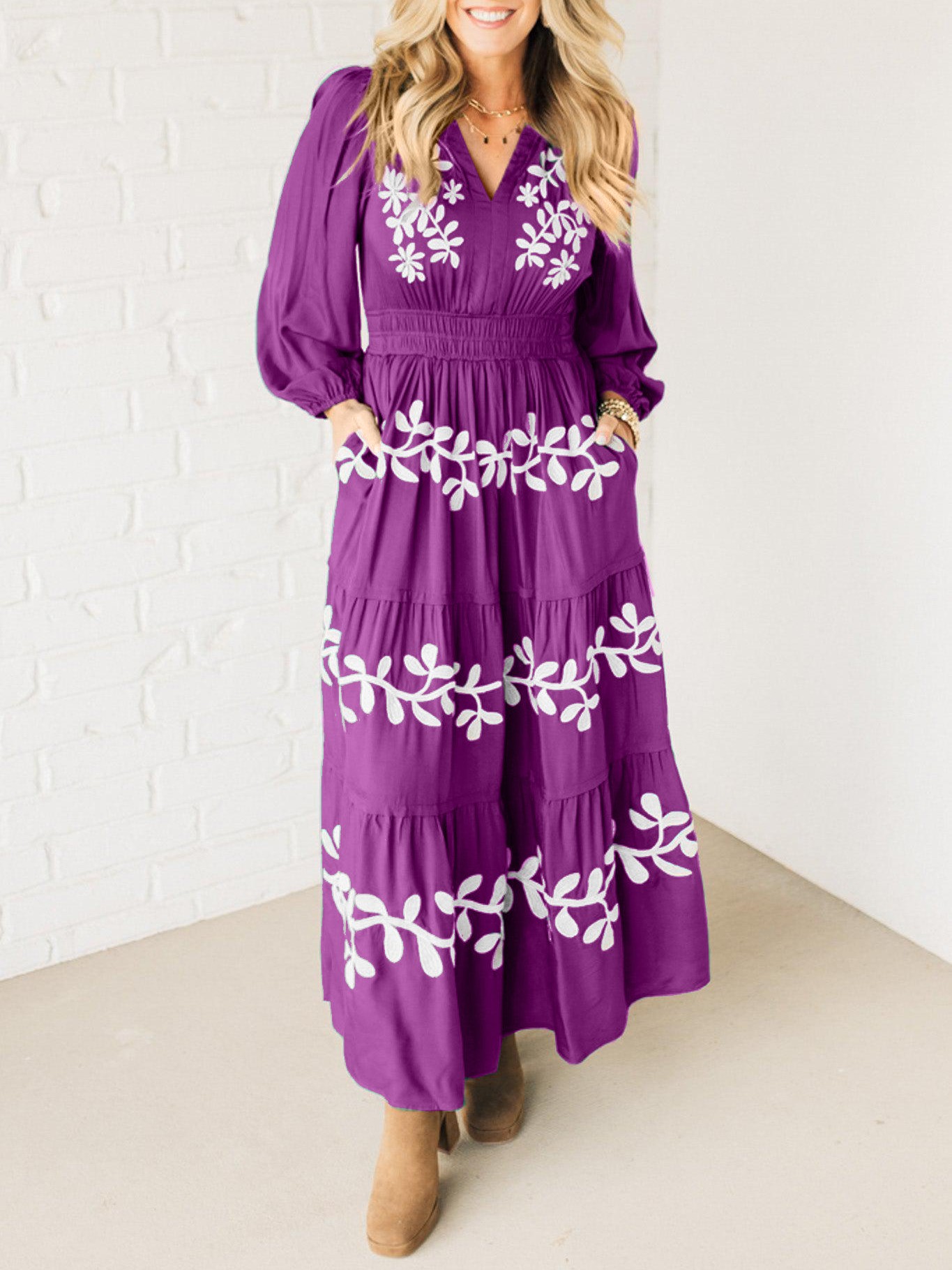 V Neck Long Sleeve Embroidered Tiered Maxi Dress