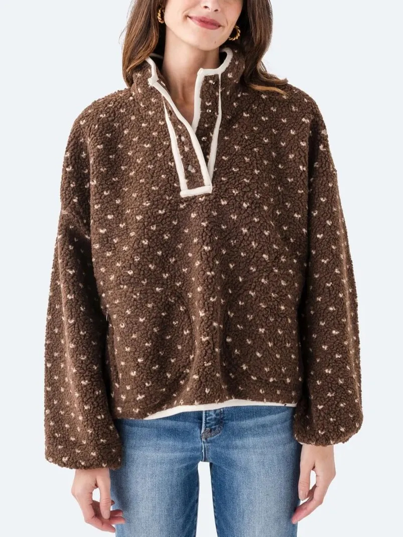 Women's Button-down Turtleneck Heart Sherpa Pullover