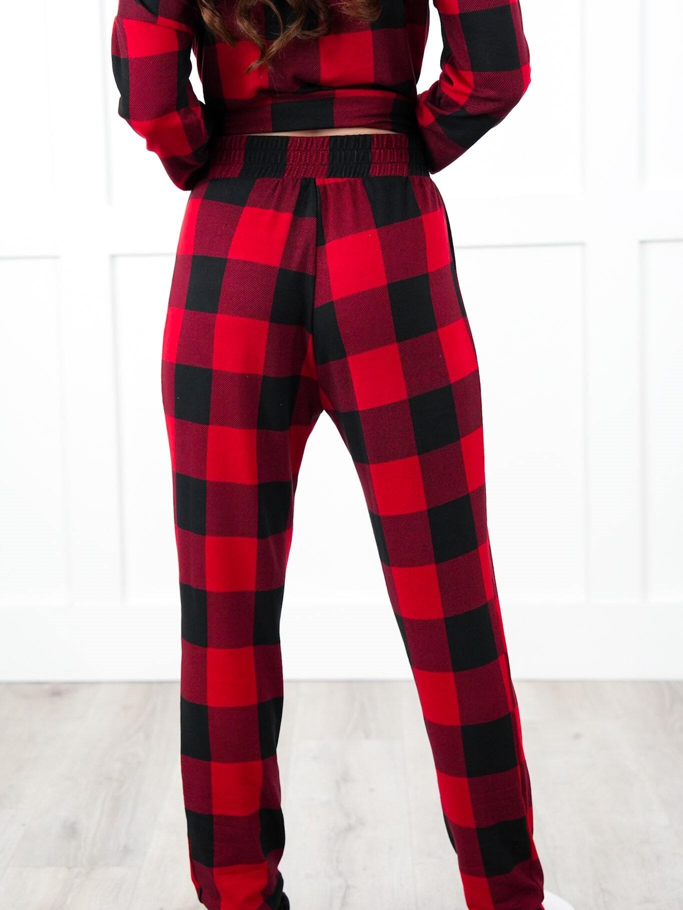 Christmas Plaid Long Sleeve Round Neck Elasic Pants Casual Pajama Set