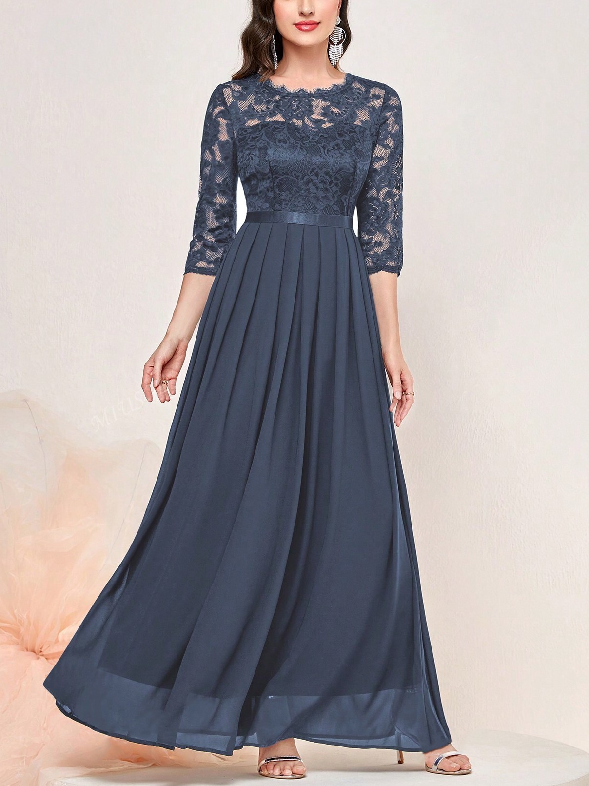 Floral Lace 3/4 Sleeve Bodice Ribbon Pleated Party Maxi Dress