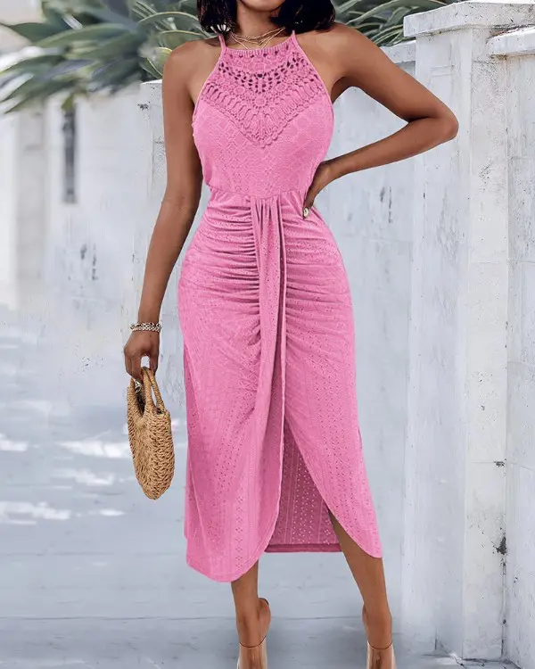 Halter Hollow-out A Line Sleeveless Front Slit Ruched Vacation Maxi Dress