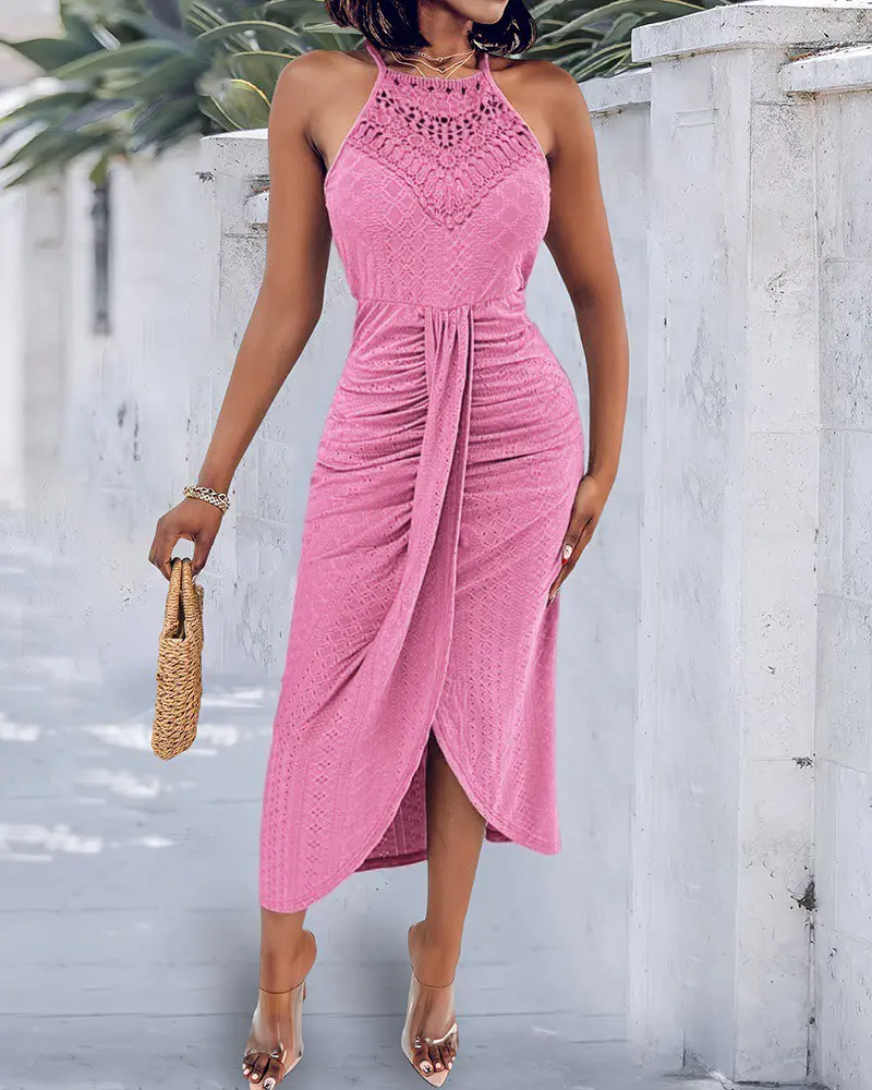 Halter Hollow-out A Line Sleeveless Front Slit Ruched Vacation Maxi Dress