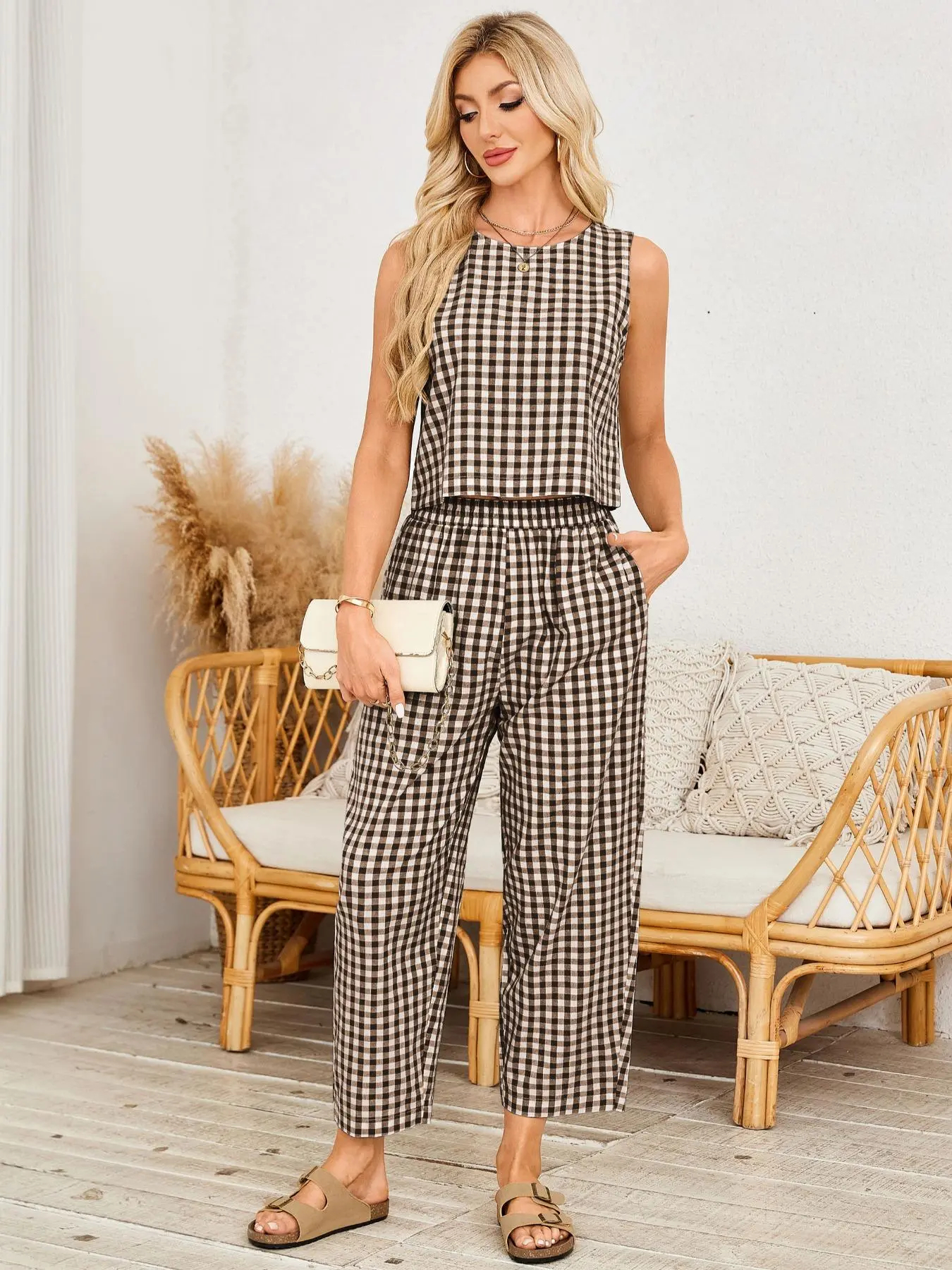 Women's Gingham Sleeveless Tank Top & Barrel Pants Set (BUY 2 FREE SHIPPING)