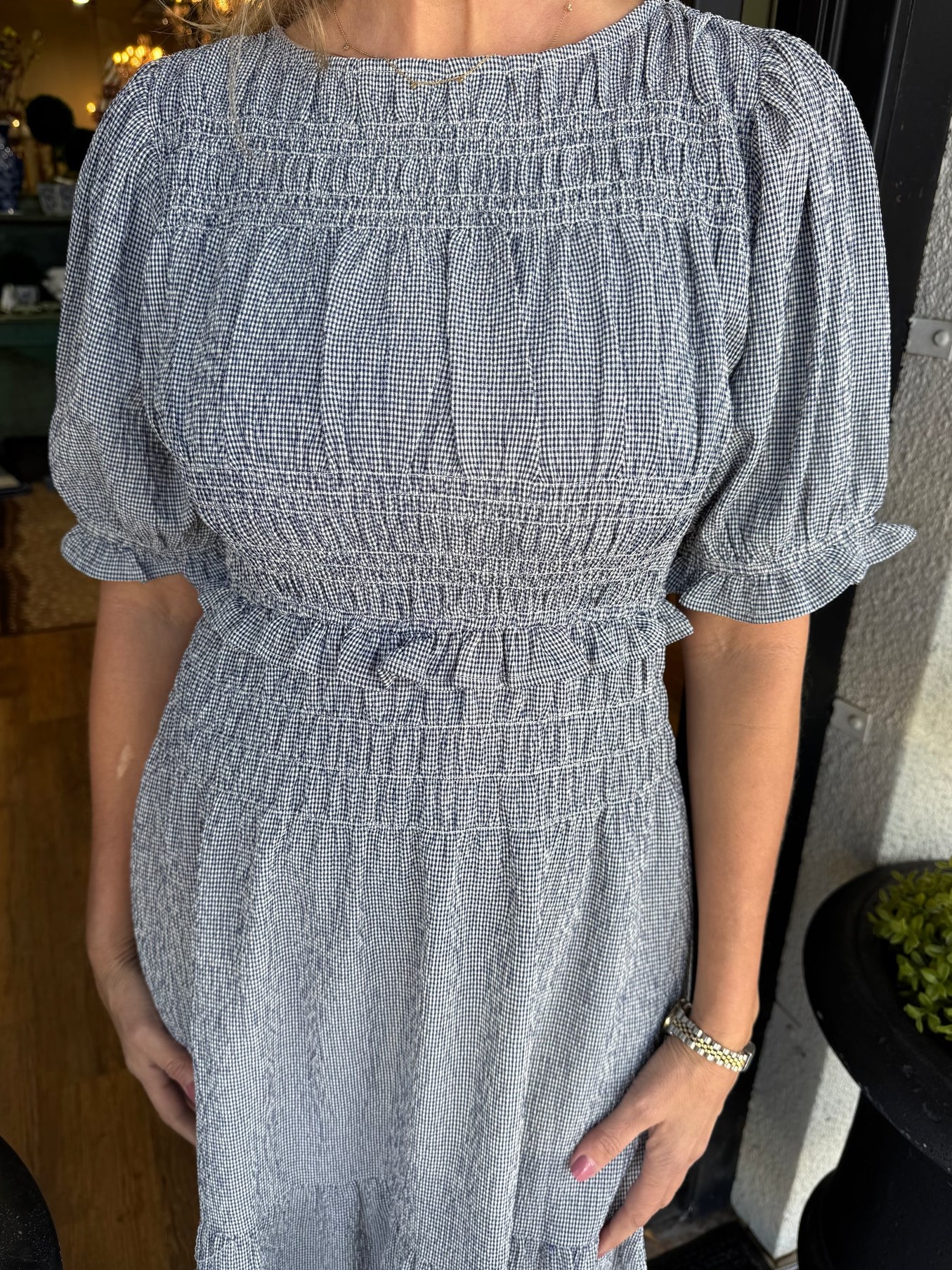 Women's Gingham Short Sleeve Ruffled Smocked Dress