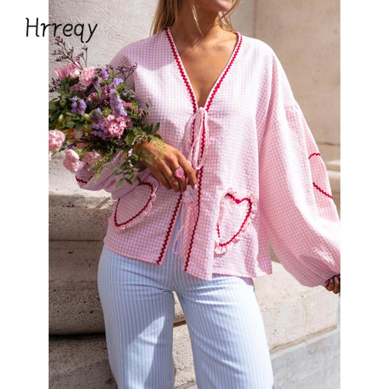 Women Long Sleeve Shirts Heart Embroidery Plaid Front Bowknot Tie-Up Blouses