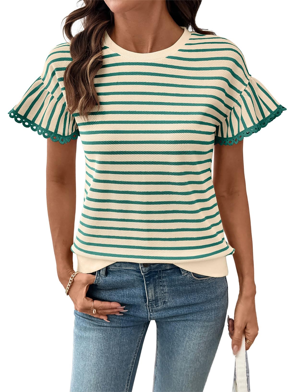Women's Knit Striped Color Block Ruffled Short Sleeve Top