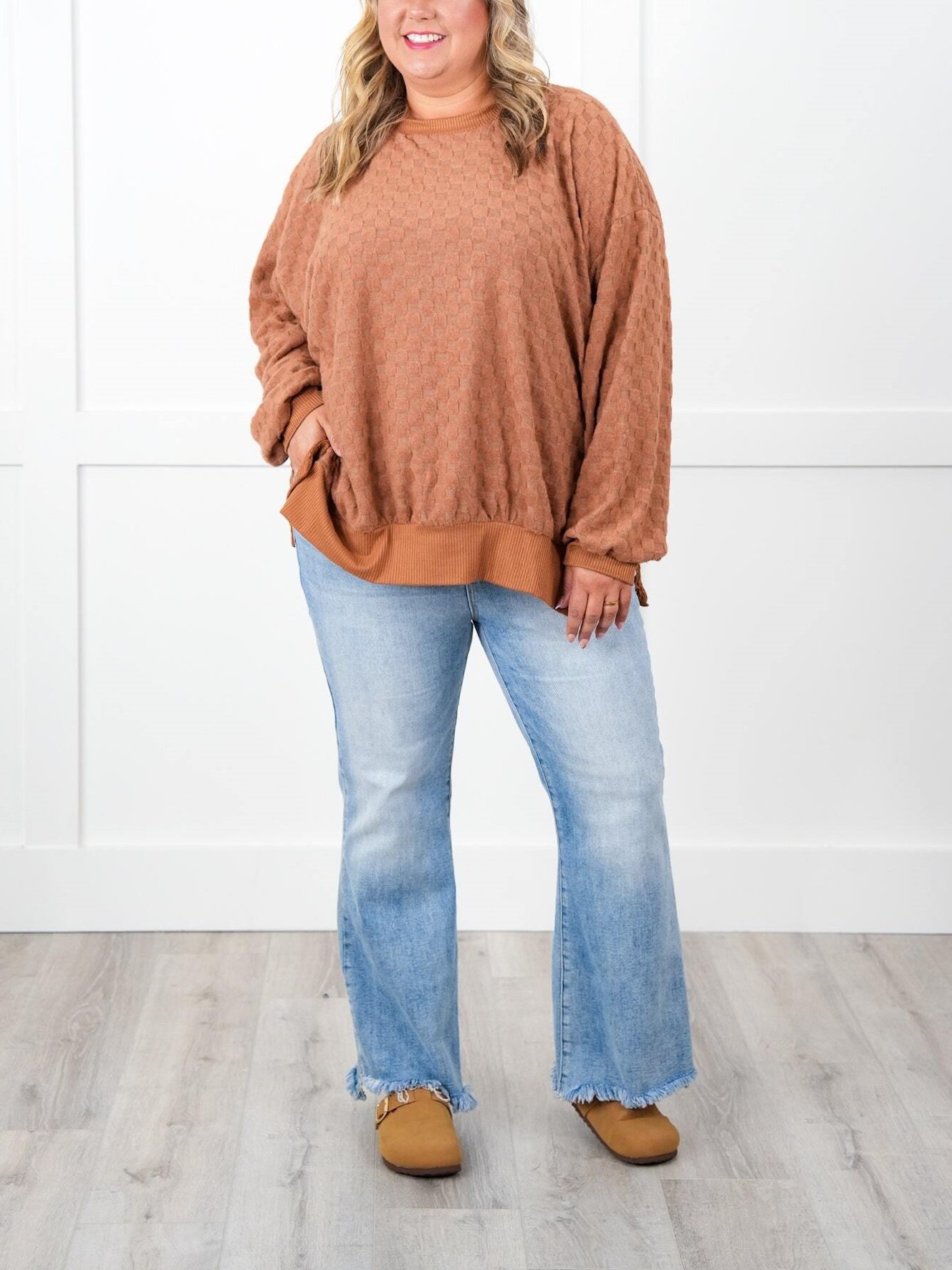 Oversized Textured Round Neck Dolman Sleeve Side Slits Top 