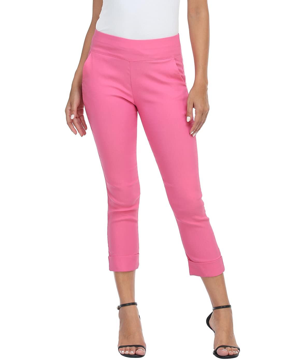 Women's Pull On Capri Pants with Pockets Elastic Waist Cropped Work Pants