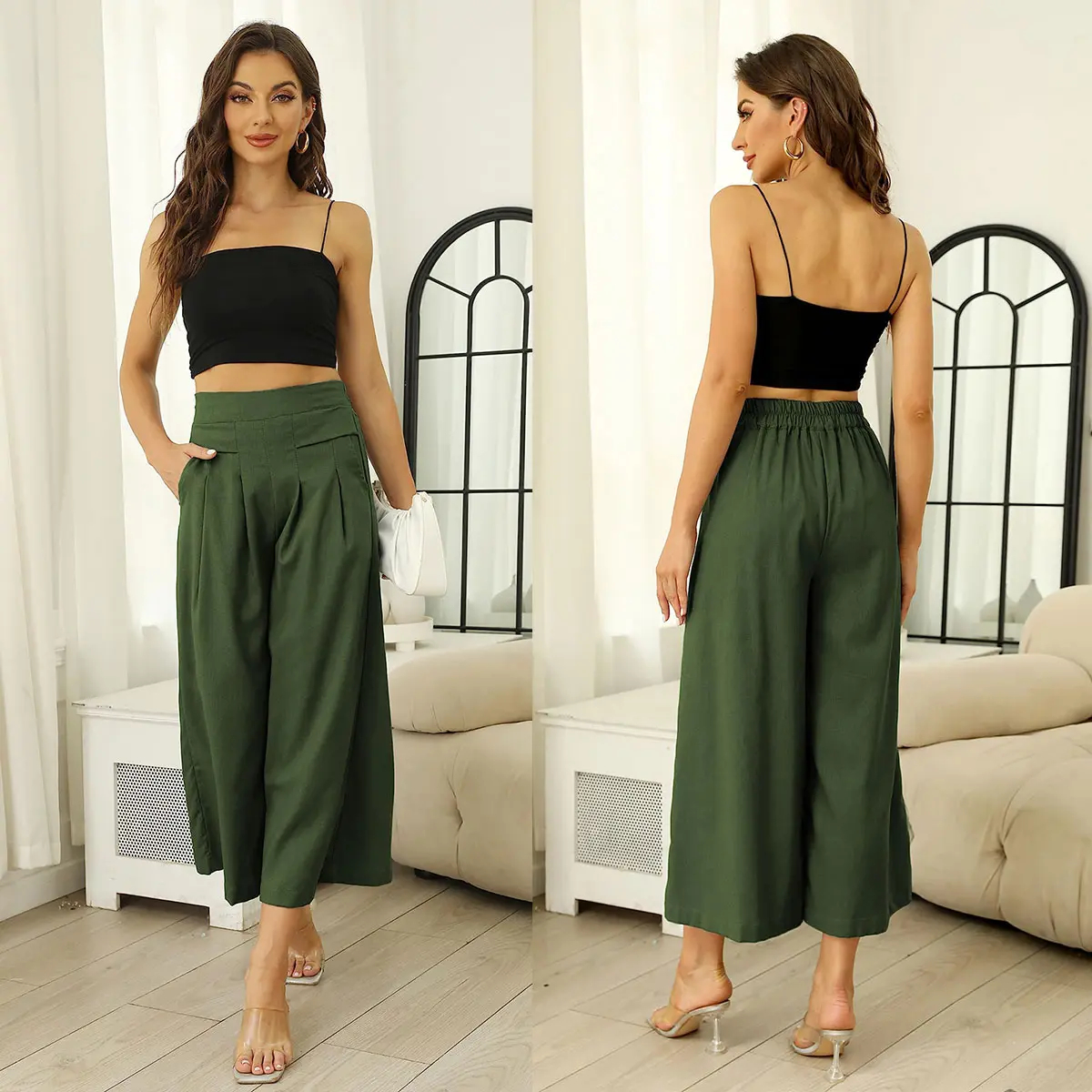 Women's Cotton Linen Culottes Pants Elastic Waist Wide Leg Palazzo Trousers
