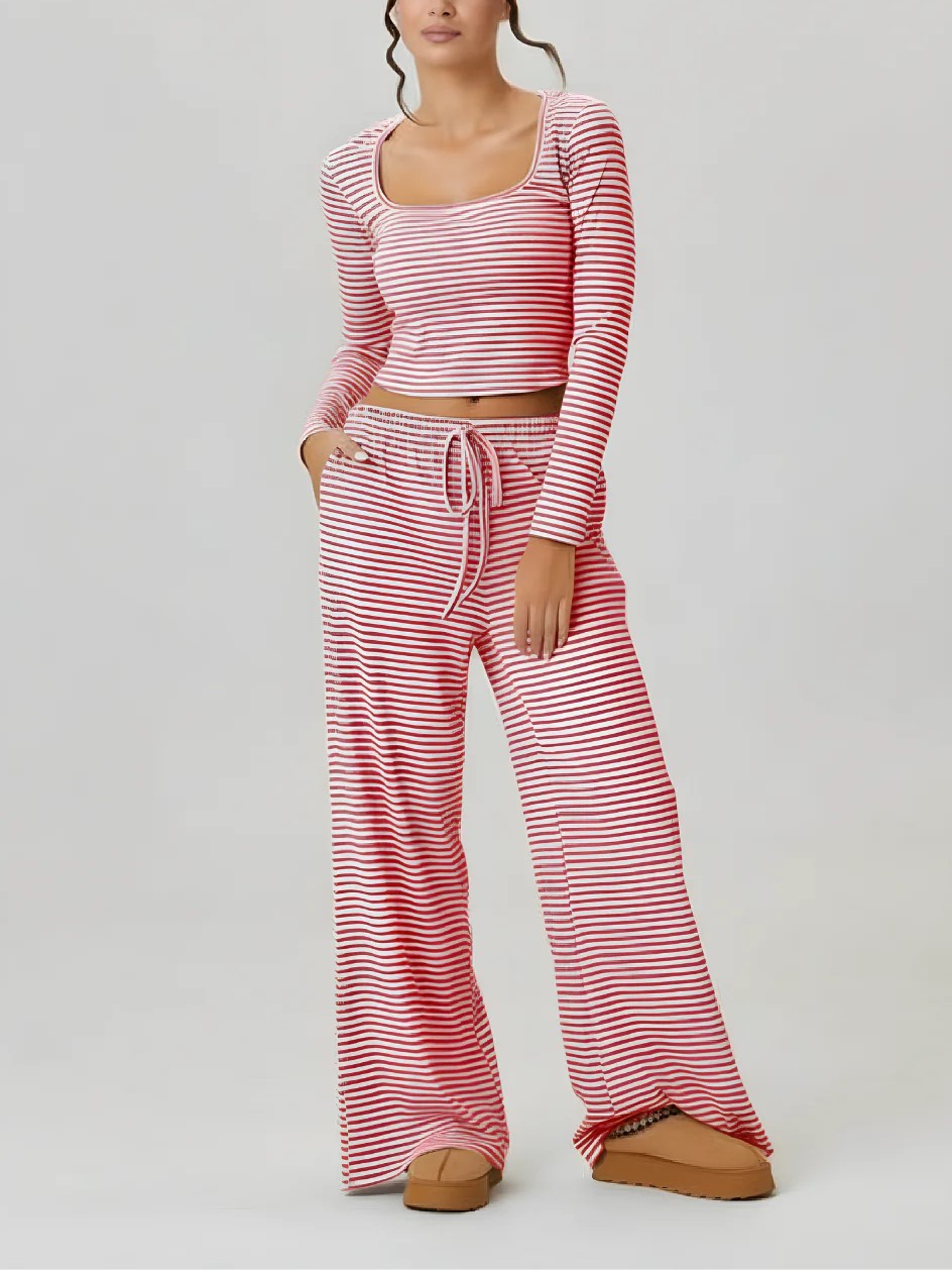 Women's Striped Square Neck Long Sleeve Top & Drawstring Pants Set