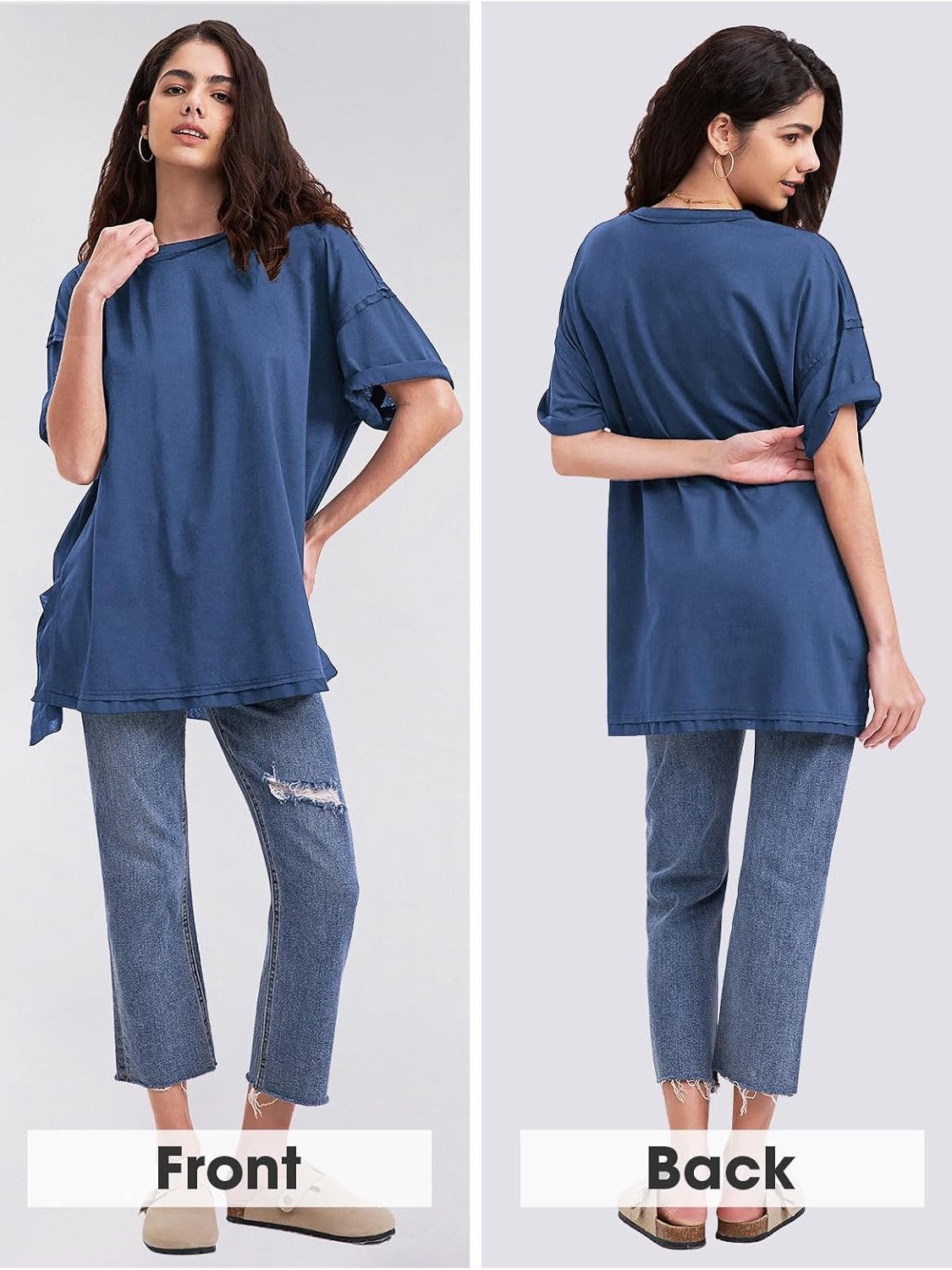 HOT SALE Oversized Crewneck Loose Side Slit Plus T-shirts 